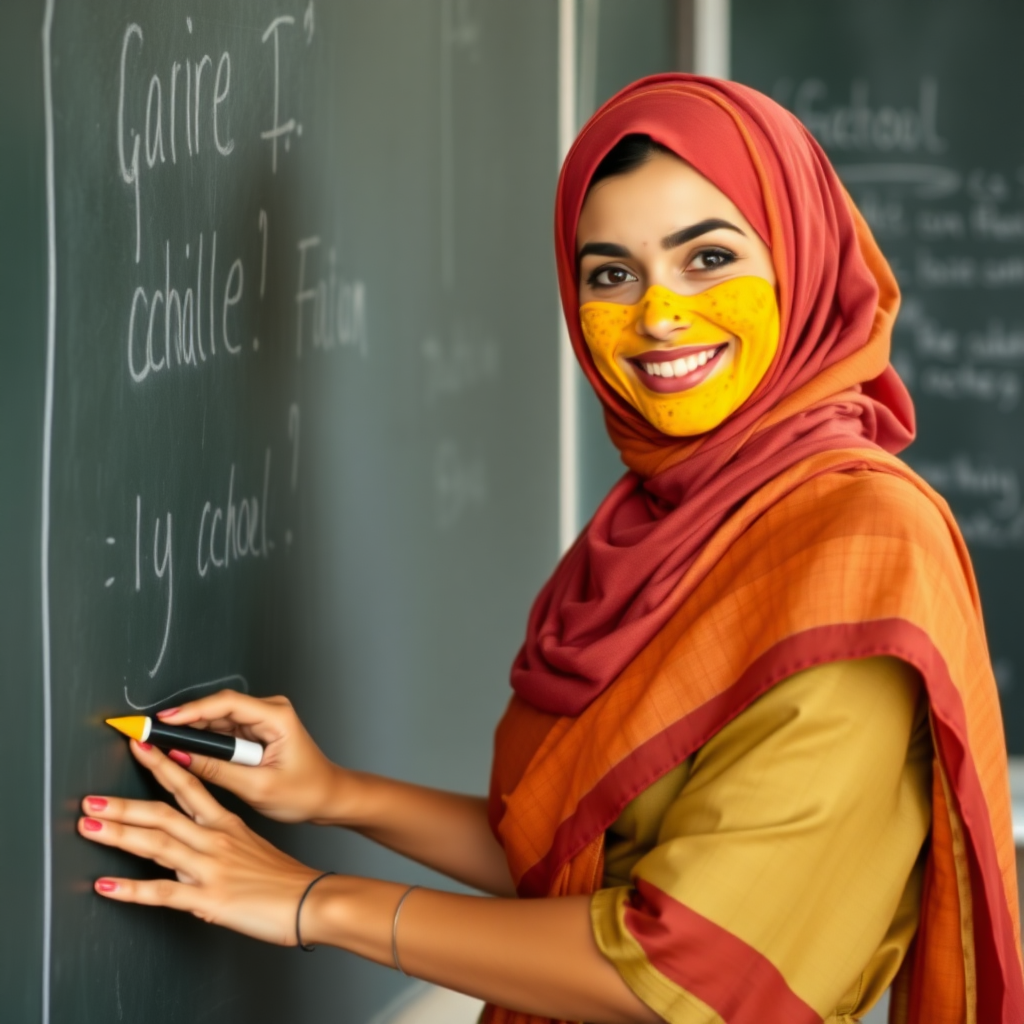 slim, 30 year old, sexy, french female school teacher, saree, scarf head, turmeric face mask. She is smiling and teaching on a blackboard