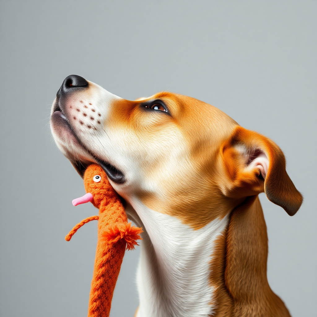 A dog biting a toy, close-up shot, side view of the head, stretching its neck, looking up. open the mouth, opaque