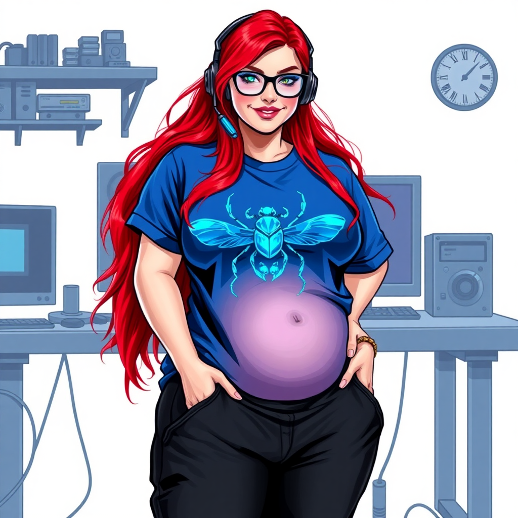 A cyberpunk vigilante's 28-year-old computer science major, nerdy, full-figured, heavily pampered computer hacker and tech-wiz girlfriend with long, ruby red hair. She wears maximum blue lipstick and has bright blue eyes. Her outfit includes an oversized maximum blue t-shirt (accentuating her prominent gargantuan midsection) featuring a blue gemstone beetle chest emblem. She sports black eyeglasses, black sweatpants, a sapphire headset with a maximum blue lensed HUD, with a beaming smile and neon red blush. Her full figure (especially her gargantuan midsection) shows the heavy extent of her doting pampering. She has a prominent, round, gargantuan midsection. Despite her build and lack of self-esteem, she radiates breathtaking beauty. She has an angular face, which accentuates her breathtaking radiant beauty. As her boyfriend's tech-wiz, she primarily works in his hideout, operating from her workbench and her computer desk. The background is solid white. She is drawn as if she was in a retro 2D cyberpunk fighting game.