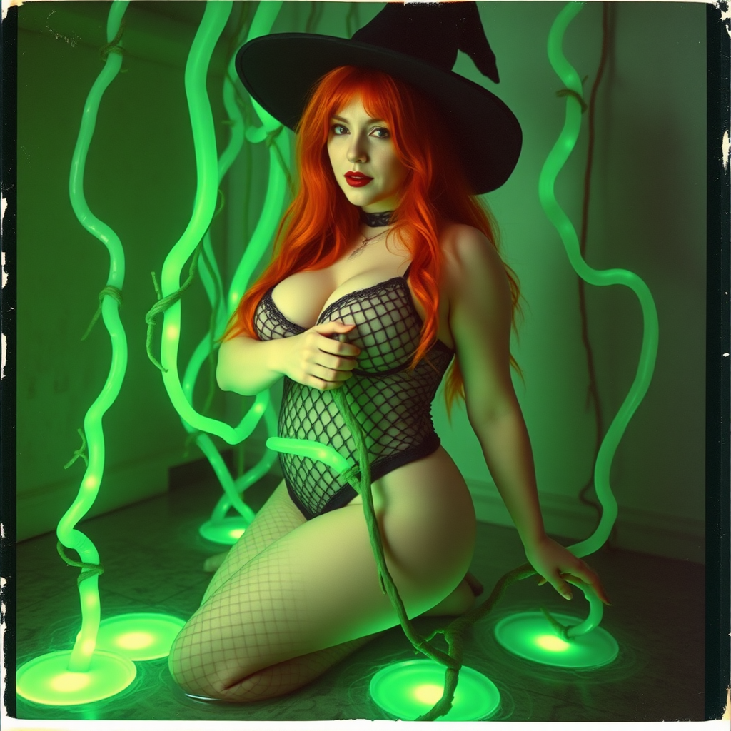 An old polaroid photo with a color tint to the photograph and visible light leaks. The photo depicts a sexy alt goth girl with pale skin and red hair. She has a plump booty. She has large breasts with ample cleavage and is wearing a black fishnet bodysuit. She is wearing a witch hat. She is surrounded by glowing translucent green vine coming out of magic bright glowing pools of water on the floor, wrapped around her arms and legs. She is straddling a green vine between her legs. The image looks hazy and grungy.