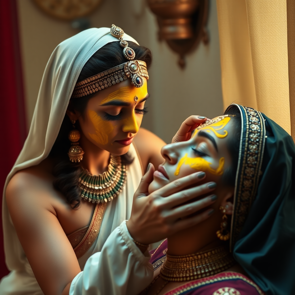 young cleopatra, working in beauty parlour, giving turmeric facial to rich, traditional indian wife