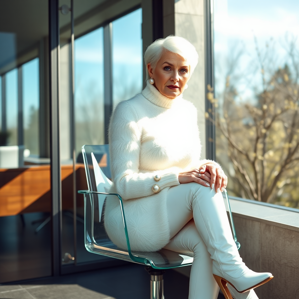 Sunny spring morning, modern glass-steel-concrete office, sitting on glass chair at wall, waiting for the master: Ana, European 90 years old very convincing femboy “trophy-bimbo”, tamed servile docile, very ugly feminine face, rather short boyish figure, platinum blond short tight curls, bold dark blue lips, heavily made-up face, long French nails, wearing Supertanya-style chunky fluffy very fuzzy bright white plushy mohair figure-hugging turtleneck-knitdress with white pearl decoration, white vinyl thigh-high boots with golden heels, pearl earrings, serious, leaning forward presenting her assets, arrogantly looking at camera.