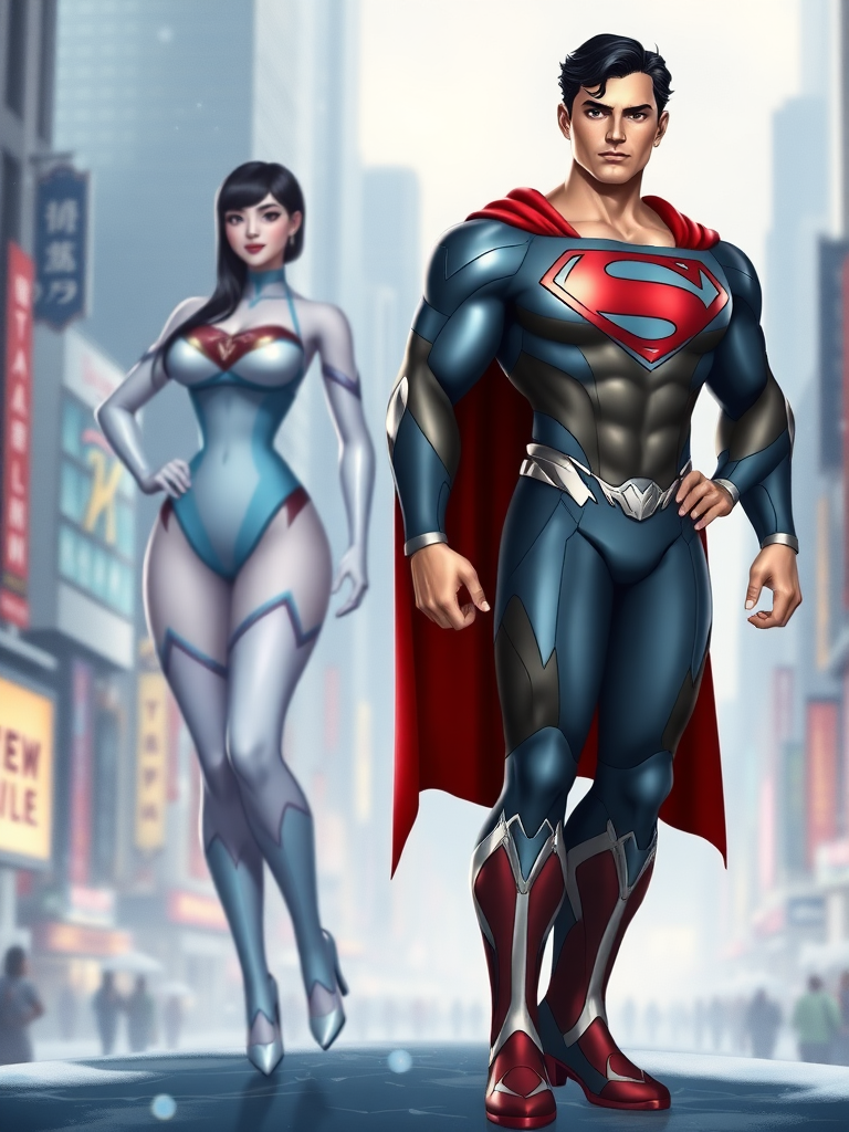 Create a full-length image of Superman with the body traits of Mei-Ling from Overwatch. Retain Superman's original head and face while altering the body shape to emphasize a curvier torso, wider hips, and a more muscular lower body, reflecting Mei's physique. Maintain Superman's iconic costume, incorporating embellishments inspired by Mei, such as ice-themed accents and a modernized emblem. The background should blend a bustling cityscape, reminiscent of Metropolis, with icy elements like frozen structures or light snowfall, harmonizing both characters' themes. Focus on the contrast of Superman's bold presence against Mei's whimsical design.