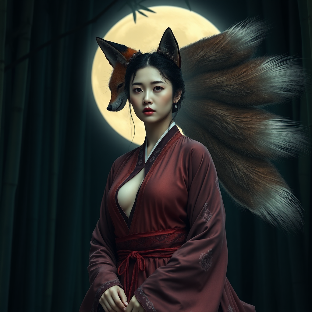 A Korean eerie-looking woman in an ancient Hanbok with nude breasts transforms into a nine-tailed fox in front of the full moon in a bamboo forest.