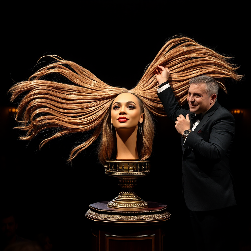 In a dimly lit theater, the atmosphere crackles with anticipation, the audience's murmurs a blend of curiosity and skepticism. On a grand, elegantly adorned display stand sits the disembodied head of the enchanting Beyoncé, her radiant skin glistening under the soft, warm glow of the spotlight. Her striking features are perfectly framed by cascading locks of lustrous, very long hair that shimmer with hues of light brown and hints of rich mahogany, reminiscent of polished silk.

Standing beside her is the magician, a charismatic figure in a sharp, tailored suit that glints with sequins in the light. With theatrical flair, he holds her voluminous hair aloft, fingers splayed wide, deftly spreading it out like a shimmering waterfall, mesmerising the audience. The hair flows like liquid night, each strand capturing the light as it falls gracefully to the ground, creating a stunning, almost surreal contrast against the stark wooden stage.

The magician’s face is lit with a confident smile, his eyes sparkling with the thrill of the performance, as he engages the audience with playful banter. Their gasps and laughter echo throughout the room, a symphony of wonder and disbelief. The scent of polished wood and fresh popcorn wafts through the air, mingling with the underlying electricity of the moment. Time seems to stand still as the audience leans in, captivated by the spectacle, a seamless blend of illusion and artistry that promises to defy reason and ignite imagination.