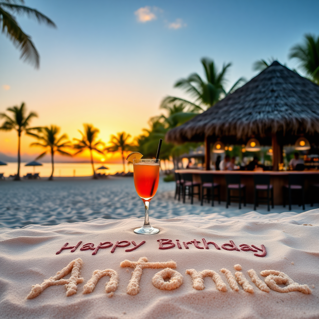 Beach with palms, bar, sunset, Cocktail in Sand spelling the words "Happy Birthday Antonia"