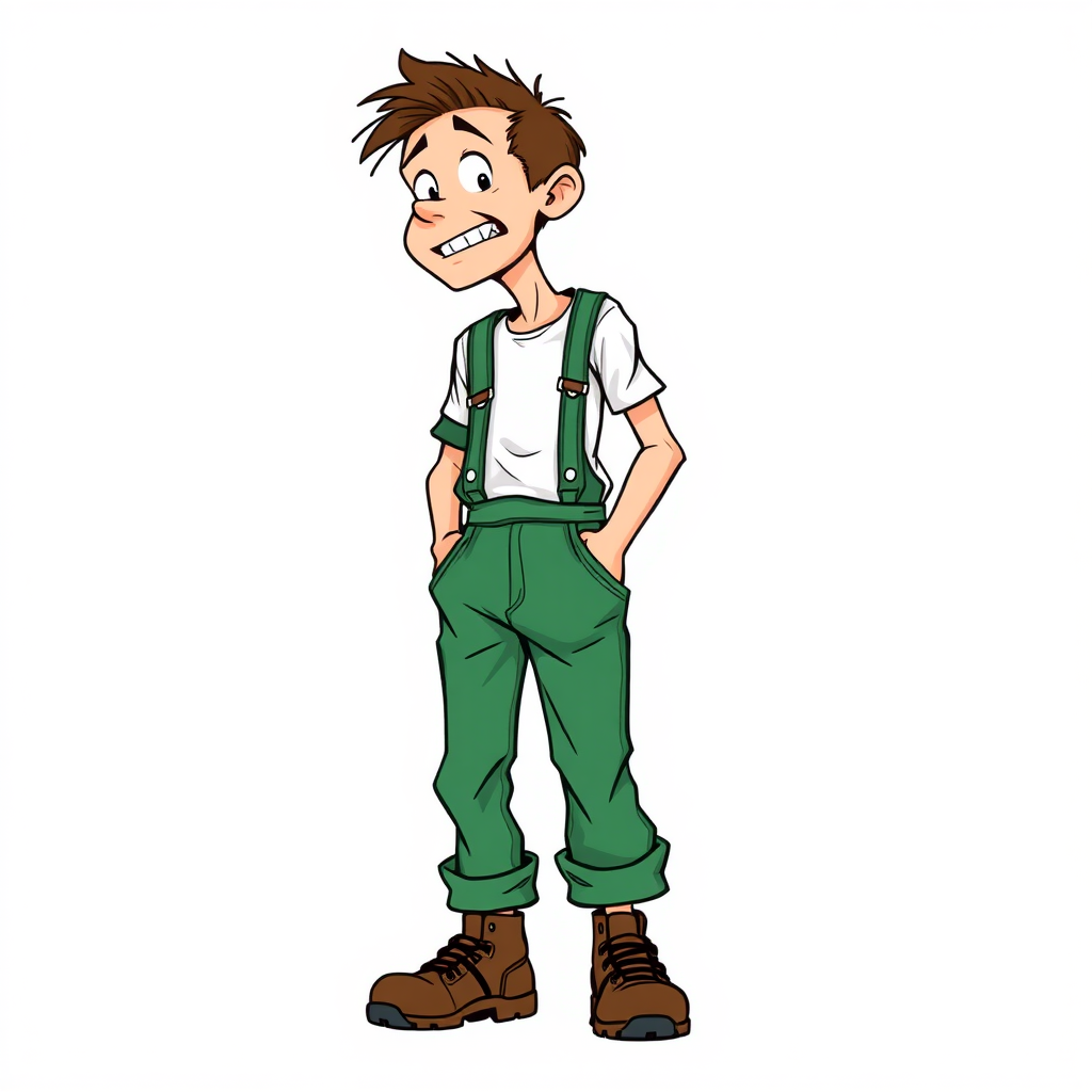 nervous small 15 year old european skinny man, long sleeves green rolled down coveralls, tense fabric, white t-shirt, standing, stunned, mesmerized, joyful, heavy drooling, unzipped fly, heavy round stuff in his pocket, side view, safety shoes, detailed feet, 2D, caricature, cartoon, Sketch lines, coloring book, coloring book,