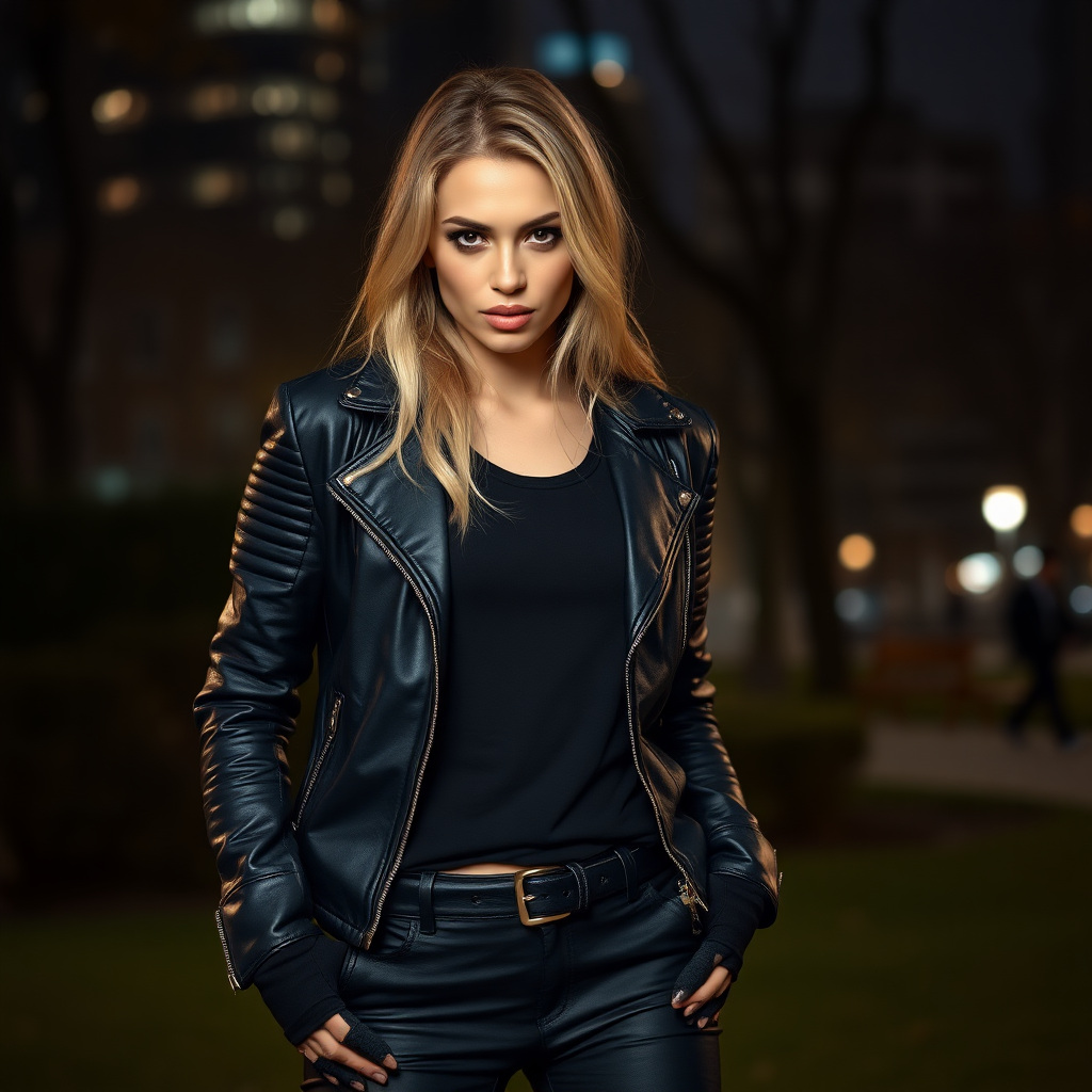 A beautiful badass female burglar in black leather jacket over black t-shirt with black pants and gloves in Manhattan park at night.