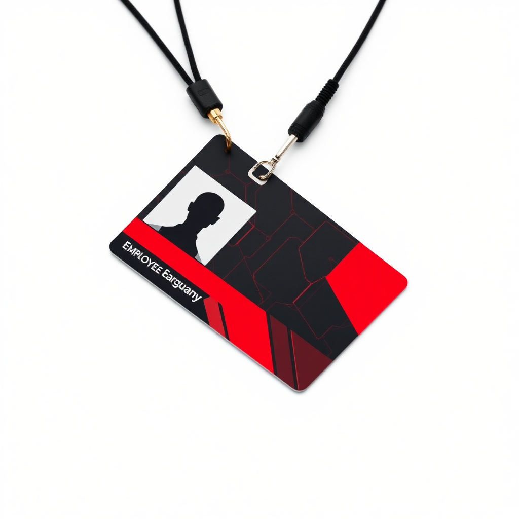 employee id card for tech company, professional themed, red and black dominant color