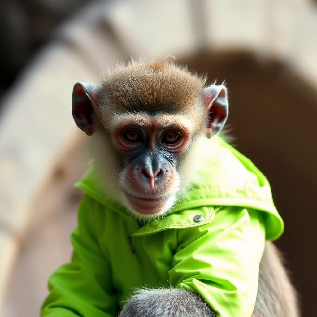 A monkey with a lime green jacket.