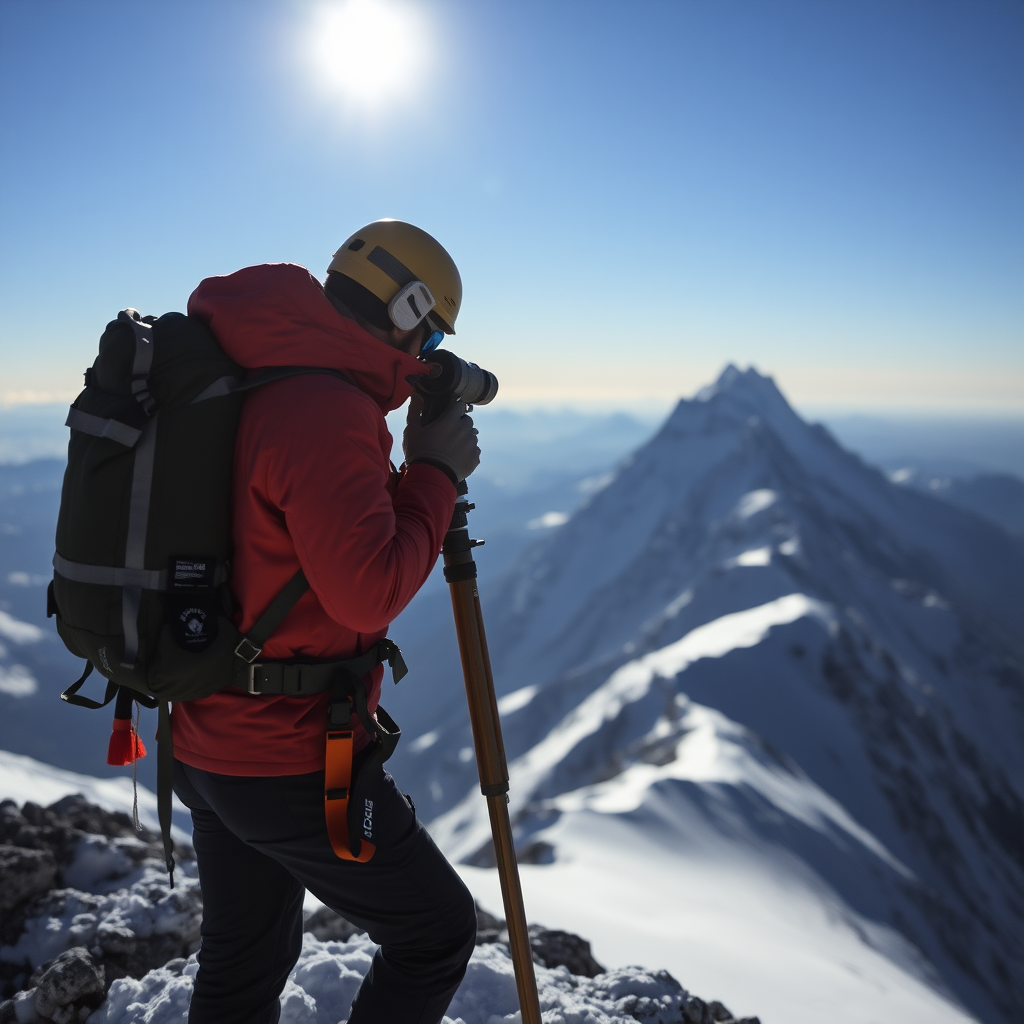 alpinist surveying at the top of mont blanc