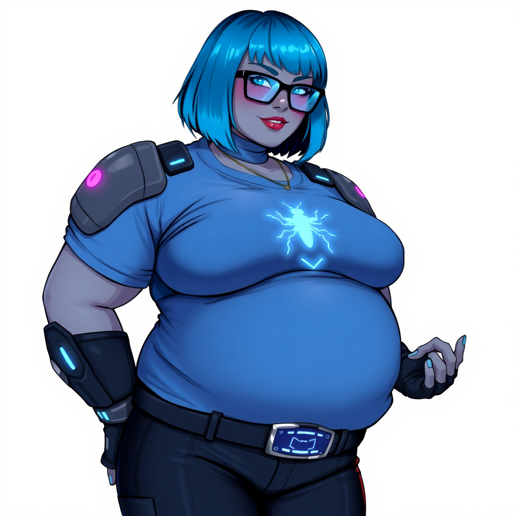 A 28-year-old, full-figured, middle gray skinned computer program hybrid with a maximum blue bob cut. She has a non-athletic build, highlighted by a prominent, round, large midsection (with emphasis on her belly), which shows the aftermath of her pampering. As the heavily pampered digital sidekick to her cyberpunk vigilante boyfriend, her middle gray metallic skin and maximum blue lipstick emphasize her digital nature. She wears a digital, computerized costume inspired by DC’s Carrie Kelly Robin, consisting of a huge, tight-fitting, maximum blue t-shirt with a neon blue glowing chest icon of a beetle, hi-tech shoulder pads with neon blue accents, a black hi-tech belt with a digital neon blue glowing buckle, digital maximum blue biker pants with neon blue accents, and black hi-tech fingerless biker gloves with neon blue glowing accents. Her neon blue glowing eyes, black eyeglasses with a neon blue glowing HUD built into the lenses, and shy smile with neon red blush accentuate her nerdiness. She stands bashfully with one hand behind her back and the other hand gently touching her cheek, her costume covering all her skin and emphasizing her full-figured physique (especially her belly). She is clearly non-athletic, with a focus on her full-figured physique. Despite her build, she radiates beauty. She has a slim face compared to her physique, accentuating her radiant beauty. She is on a solid white background. She is drawn as if she were in a retro 2D cyberpunk fighting game.