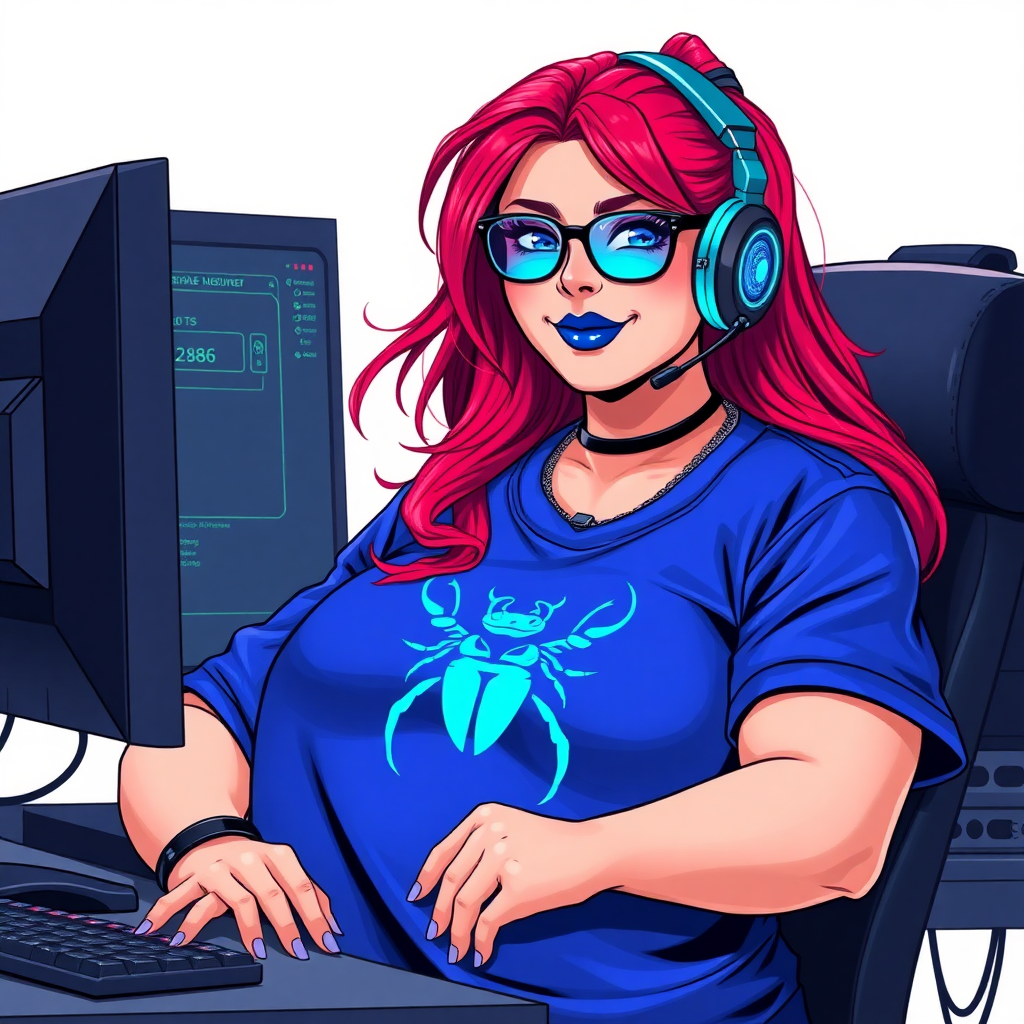 A cyberpunk vigilante’s full-figured intelligent and tech-savvy 28-year-old girlfriend, who is a computer hacker and tech genius. She has a long ruby red ponytail. She wears maximum blue lipstick, bright blue eyes, a sapphire beetle gemstone necklace, sapphire earrings, black eyeglasses, and an oversized maximum blue t-shirt featuring a blue sapphire gemstone crusted beetle chest icon. She has a full-figured physique with a prominent, massive, round belly, reflecting her well-cared-for lifestyle. She sports a sapphire headset with a hi-tech maximum turquoise lensed HUD, and a shy smile with a neon red blush. She serves as his tech expert from his hideout, diligently working at her lab table computer desk. The background is solid white. She is drawn as if she was in a retro 2D cyberpunk fighting game. Ensure her t-shirt covers her belly.