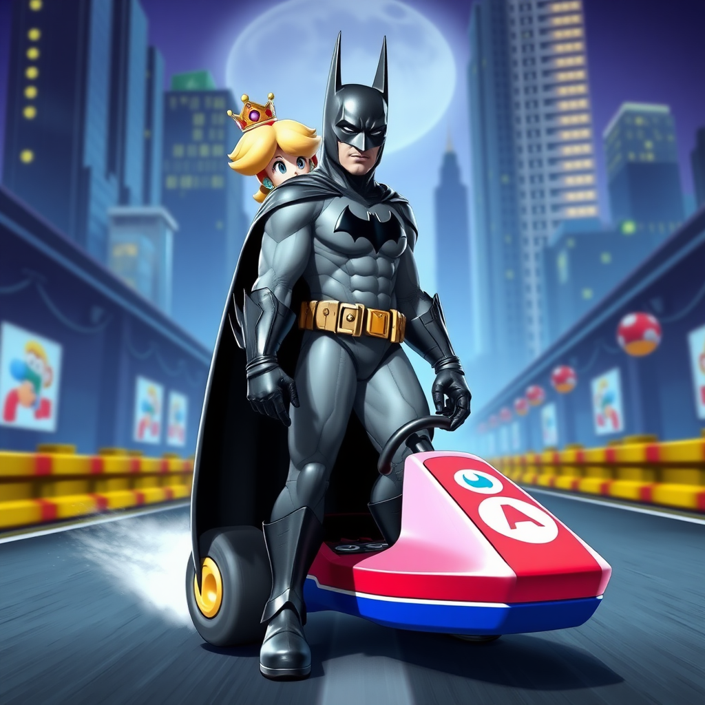 Generate a full-length image of Batman with the body traits of Peach from Mario Kart. Modify the shape of Batman's body to match Peach's, including her height, build, and posture. Retain Batman's core costume elements, such as his cowl, cape, and utility belt, but incorporate embellishments and design elements from Peach's outfit, such as her crown, gloves, and dress. Set the character in an appropriate background that reflects both the Batman and Mario Kart universes, such as a Gotham City race track with Mario Kart power-ups and obstacles. The image should be detailed, colorful, and visually striking.