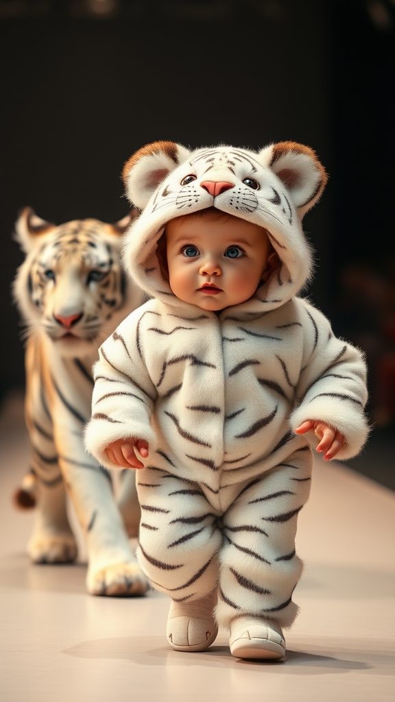 A cute small chubby fair baby with big eyes, pink lips, and pink cheeks wearing a furry cozy white tiger costume is doing a ramp walk in a fashion show, walking with a real white tiger in a cinematic style.