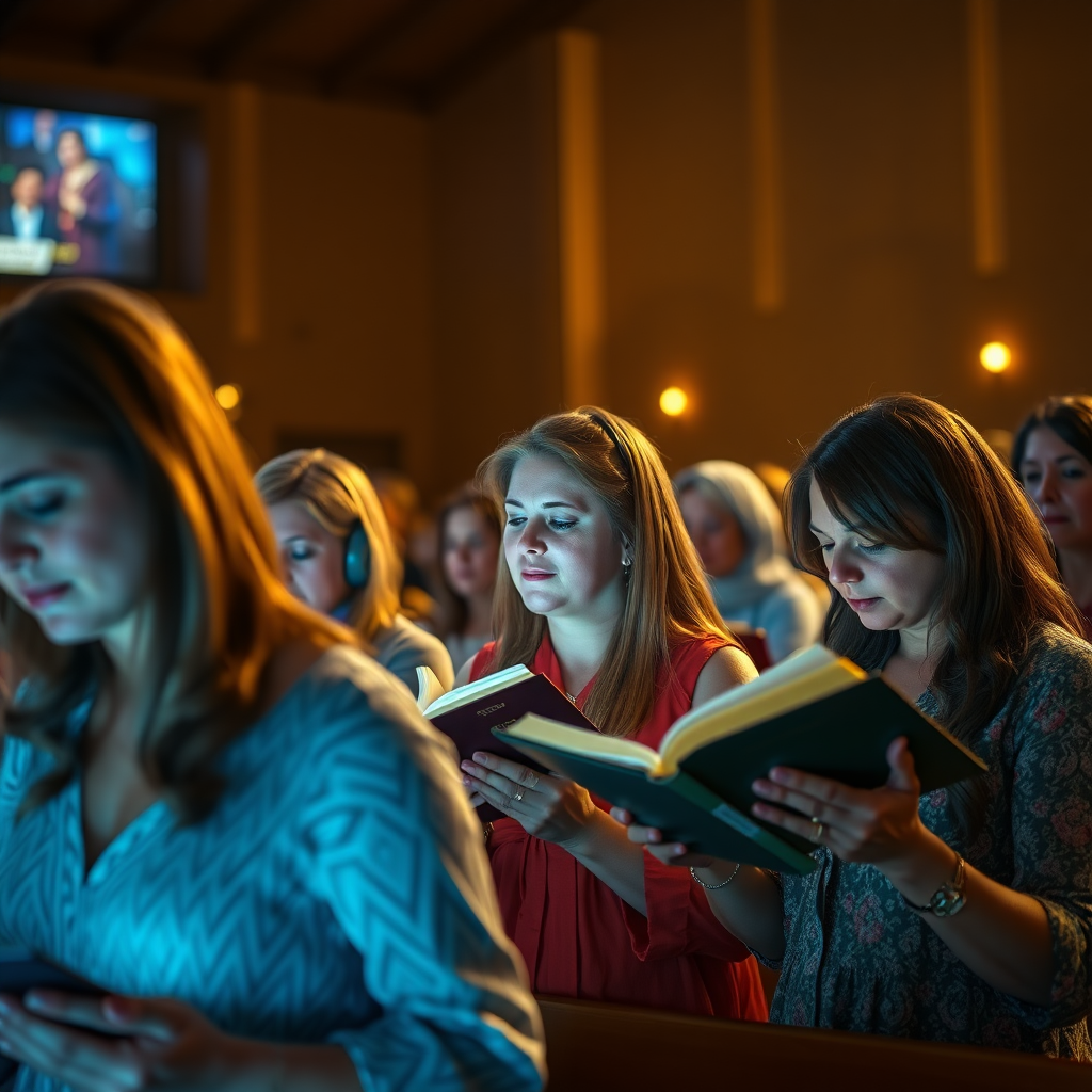 A banner with an image of several women reading their Bibles in a service in an evangelical church, digital art style, ultra detailed, cinematic lights, high quality, 8K