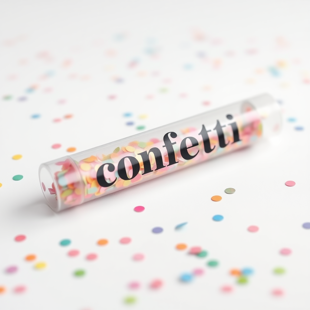 A photo of a fat transparent plain confetti popper tube with confetti inside and with text "confetti" on it, lying flat at an angle, with confetti around it, white background, distant confetti blurred, white bold text with a black border