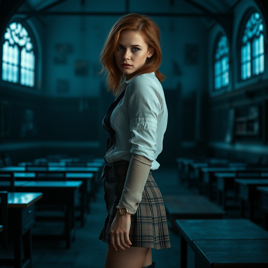 emma watson as hermione granger, tousled hair, seductive, very pale skin, natural makeup, sideboob, overknee boots made from leather, short checkered miniskirt, stained white linen shirt, necktie, flat chest, cleavage, thoughtfully looking at viewer over shoulder, full body shot, erotic, teasing, dark and moody, skin details, skin imperfections, abandoned hogwarts classroom in background, blue hour, photorealistic, ultra high resolution, 16K, viewed from side, standing in shadows, sillhouette