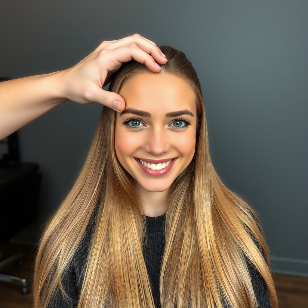 POV, beautiful very long haired blonde woman sitting in a hair salon smiling at the camera while I reach out from behind the camera to massage her scalp. Plain gray background.