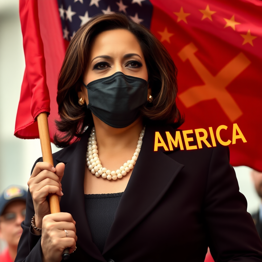 Kamala Harris holding red flag, with capture "DESTROY AMERICA FOR COMMUNISM"