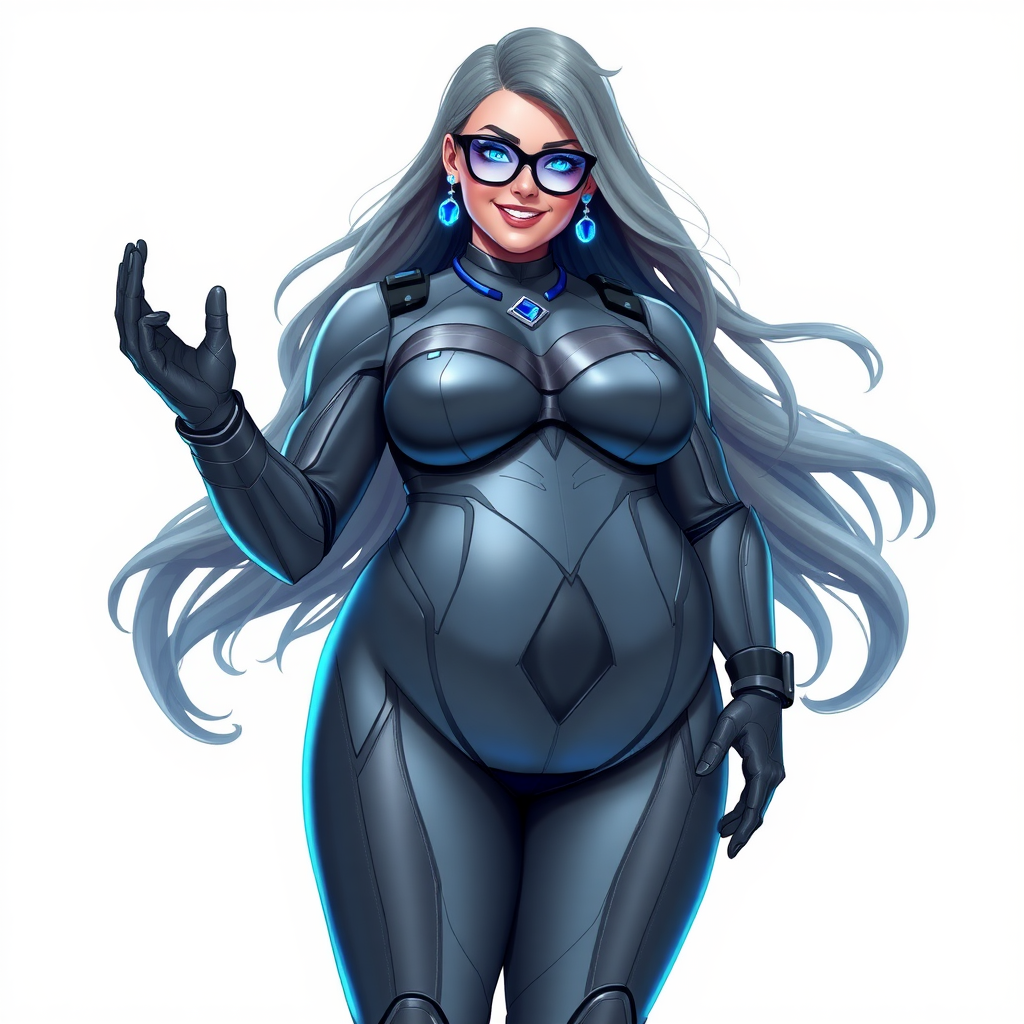 A 29-year-old computer science major, she is the devoted girlfriend of a vigilante and serves as his dotingly pampered, full-figured, nerdy, Middle Gray (N5) metallic digital sidekick. She has become a Computer Program hybrid, with a unique, metallic Middle Gray (N5) skin color that blends with her suit and hair, appearing to merge together as computer data. Her long hair, suit, and skin are all the same metallic Middle Gray (N5) all blending together to appear to merge as computer data. Her neon blue eyes are mesmerizing. Her full figure, especially her prominent, round, gargantuan midsection, shows just how heavily fed and pampered she is, with sequoia-sized limbs and broad shoulders. Her midsection is bloated to emphasize the figure she gained from her pampering.

As a loyal and supportive sidekick, she plays a crucial role in their missions, using her digital prowess to assist and protect. She wears a blue sapphire scarab necklace and blue sapphire earrings, which she received as symbols of their love before his 5-year disappearance. Her digital bodysuit, also the same metallic Middle Gray (N5), blends with her skin and hair (appearing to merge together like computer data). She is equipped with high-tech features, including holographic displays and integrated hacking tools. She has matching high-tech gloves. She emits neon blue data cubes from her body, set against a solid white background.

Heavily, attentively, and immensely pampered through being well-fed since their reunion, her full figure clearly shows the extent of care she has received. Despite her digital enhancements, she retains her human vulnerabilities, including hunger and sleep, and is not immune to human weaknesses. She has the ability to hack into computers and machines, and her nerdiness is blatantly obvious with her black oversized eyeglasses. Her full figure, especially her gargantuan midsection, is prominently displayed and heavily emphasized. Her outfit, influenced by DC’s Jennifer Knight Phantom Lady, remains distinct.

Despite her boyfriend’s limited resources, she assists in the war on crime by serving as a minicomputer, traveling in a high-tech wristwatch and supercar’s computer system. Using her hacking abilities, she relays crucial knowledge related to missions. She has a beaming smile. She is drawn as if she was in a retro 2D cyberpunk fighting game. Her love for him means she lets her love dotingly pamper her (In fact after the first day, she never wants to go back to her life before their reunion.)