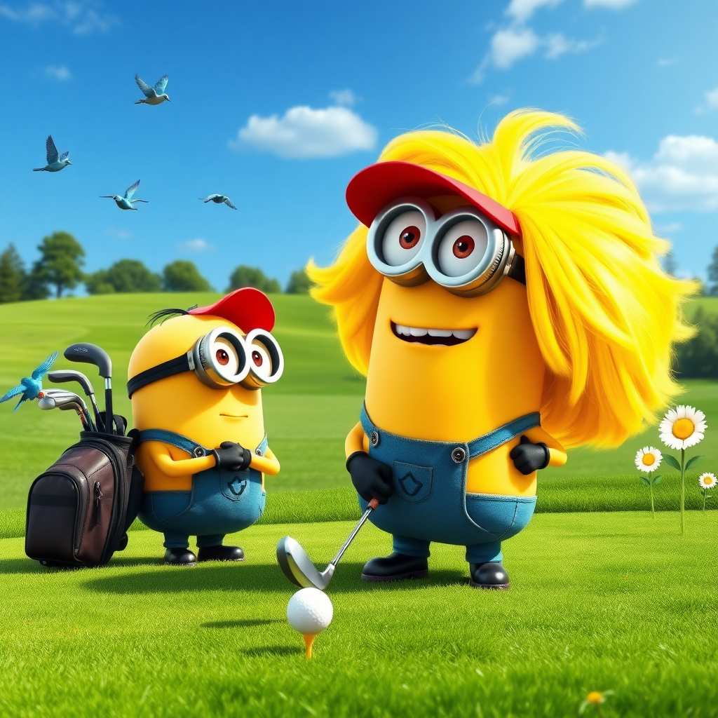 A minion from "Despicable Me" is playing golf on a beautiful golf course. He has a big bright yellow wig of hair. Another minion wearing a red ballcap is carrying his golf bag with the golf clubs in it. There are bluebirds and sunshine and the scene is beautiful and peaceful.