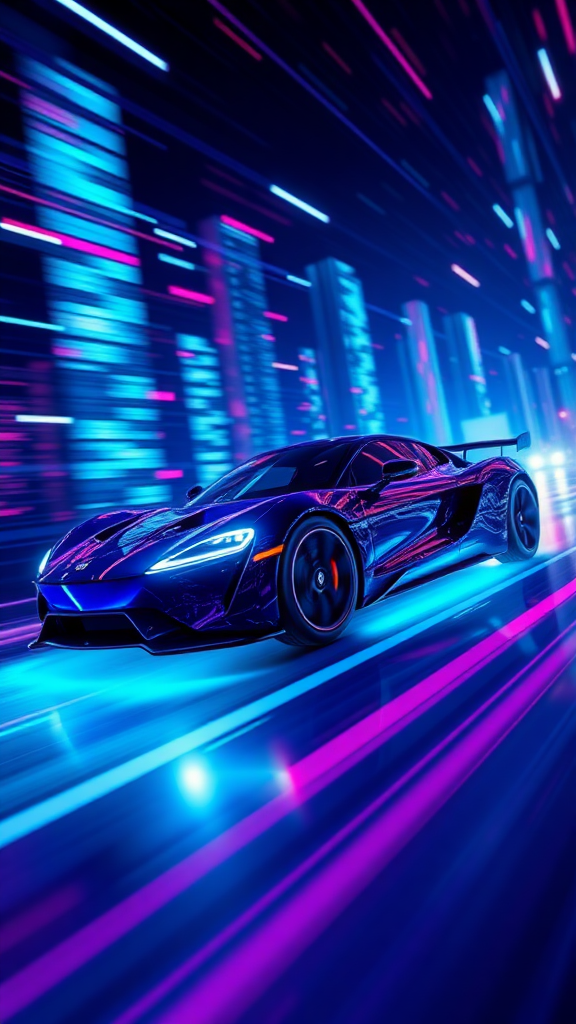 Make a realistic 3D rendering of an electric car racing in cyberspace. Make the background cyber-like and the "electric sparks" look luxurious. Make the overall color dark blue and draw it with a neon sign feel.