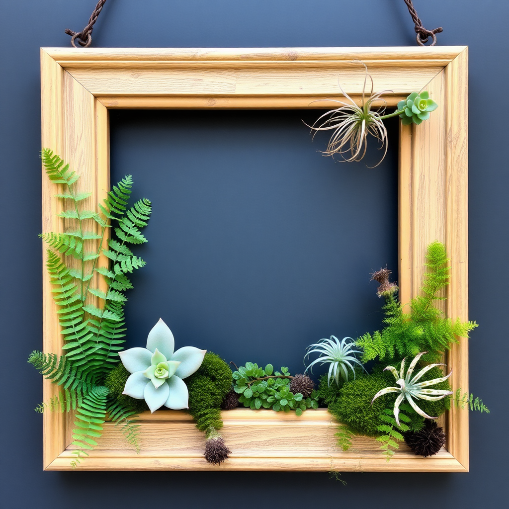 A picture frame is filled with ferns, flat moss, and air plants.