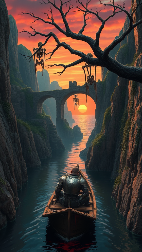 A solitary knight, wounded and weary, sits slumped against the prow of a small wooden boat, his armor dented and stained with blood. The boat navigates a narrow, winding river, hemmed in by towering cliffs that rise majestically on either side. Crumbling ruins and ancient rock bridges, draped in vines and overgrown with moss, hint at a lost civilization. The sun, a crimson orb sinking below the horizon, casts elongated shadows across the river. The sky is ablaze with vibrant hues of orange, purple, and crimson, reflecting the drama of the scene. Hanging from the branches of gnarled trees that cling to the cliffs are the skeletal remains of fallen warriors, their armor rusted and weathered. The river winds its way towards the ocean, a glimpse of which can be seen through a gap in the cliffs, promising both escape and a vast expanse of unknown dangers.