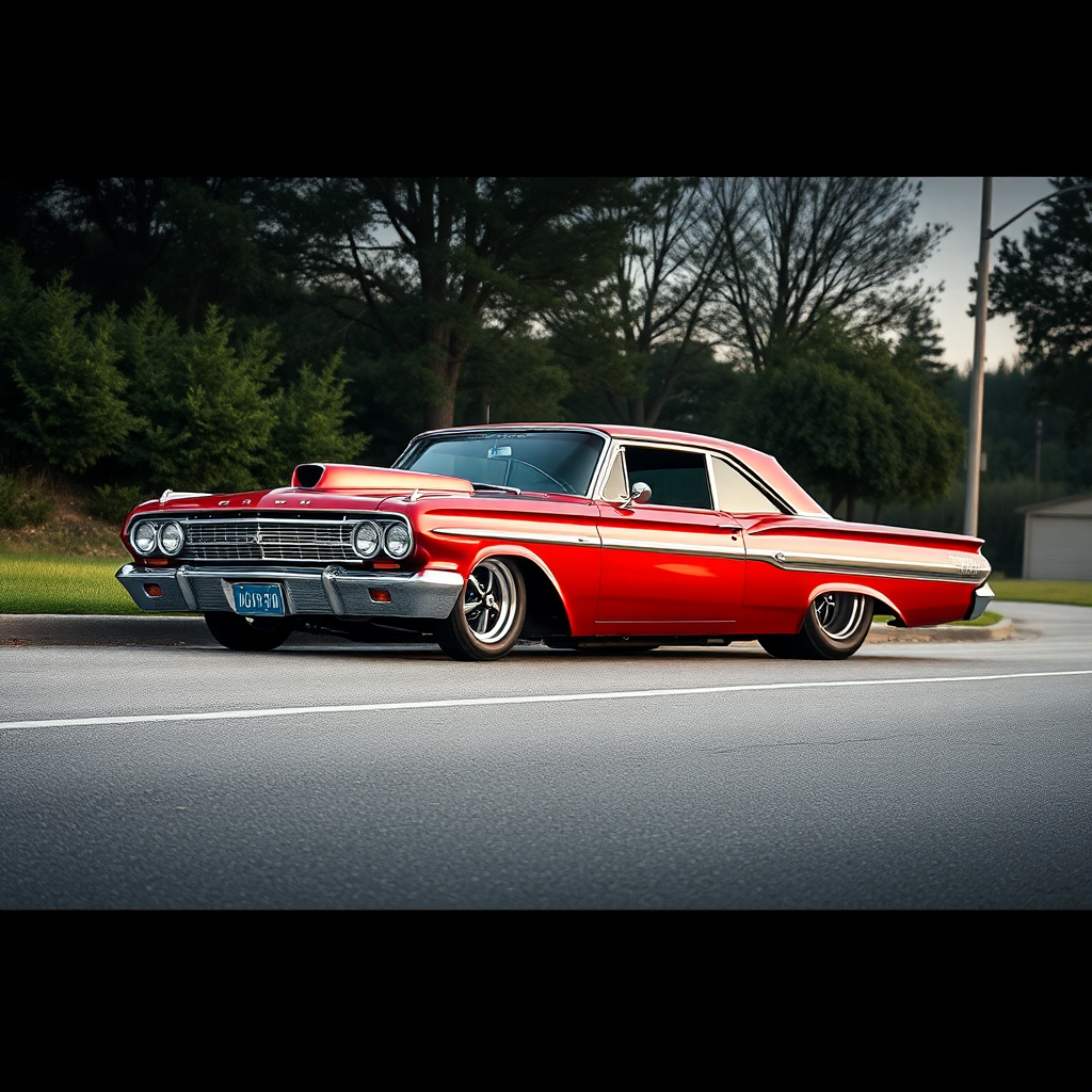 The drag car is parked on the side of the road, inspired by Taiyō Matsumoto, tumblr, restomod, nd4, c4 metallic shine candy red classic American low rider custom Ford.