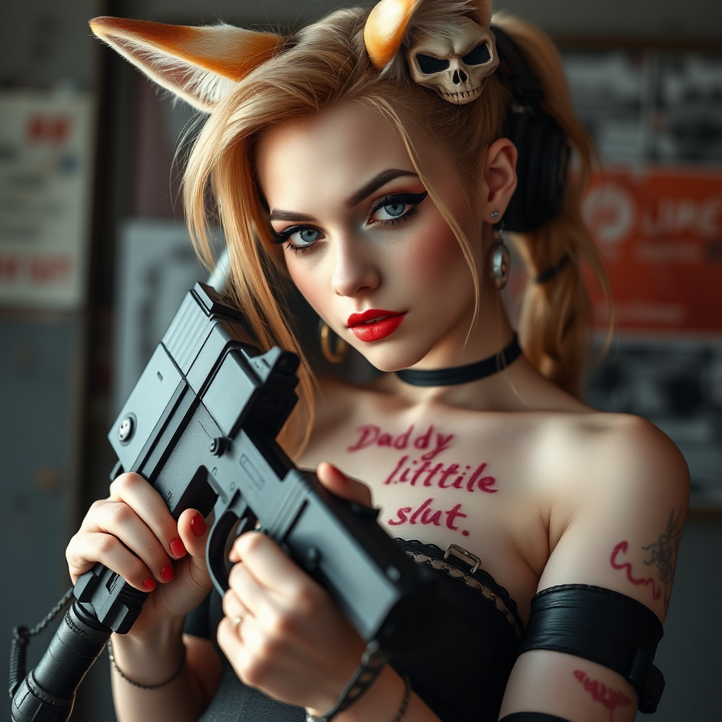 Real life photo of a cyberpunk waifu, she has “daddy’s little slut” written on her skin with lipstick. She is holding a big gun, she has fox ears, tiny metal nipple covers.