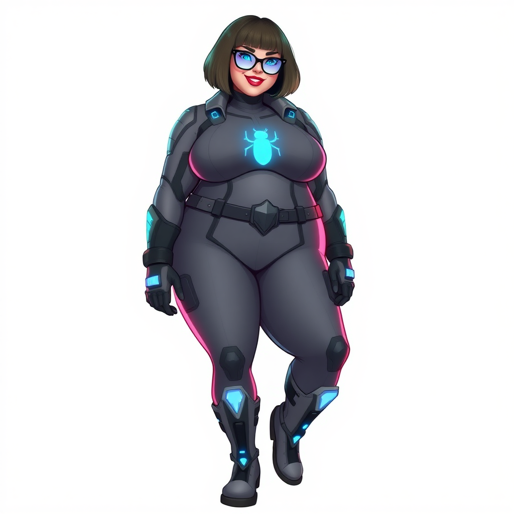 A heavily, extremely, and intensely pampered nerdy full-figured middle gray digital sidekick, a 28-year-old computer major, has been transformed by her doting vigilante boyfriend. Her distinct, metallic, middle gray skin and her metallic middle gray bob cut blend together simulating computer data, and her neon blue eyes glow with intelligence. Her physique, now showcasing a gargantuan round midsection, massive limbs, and broad shoulders, contrasted by a slim face, clearly reflects her indulgence and pampering. Her full figure is prominently highlighted, with her prominent, gargantuan, round midsection and colossal limbs emphasizing her pampered sidekick status. As the loyal and supportive sidekick, she plays a crucial role in their missions, using her digital prowess to assist and protect.

She wears a digital middle gray suit, featuring a neon blue glowing beetle chest icon, digital middle gray boots with neon blue glowing accents, and matching high-tech gloves. She bashfully giggles with a neon red blush, emitting neon blue data cubes from her body. Her full figure clearly shows how pampered she is. Her nerdiness is accentuated by her black oversized eyeglasses.

Her outfit, influenced by DC’s Jennifer Knight Phantom Lady, remains distinct. Adding to her pampering, she serves as his minicomputer, traveling in his high-tech wristwatch and supercar’s computer system. Using her ability to hack into computers and machines, she relays crucial knowledge relating to his missions.

Her prominent, gargantuan, rounded midsection and massive limbs are on full displayed, emphasizing her indulgence and pampering while maintaining her nerdy physique. She is on a solid white background. She is drawn as if she was in a retro 2D cyberpunk fighting game. Ensure her midsection is round.