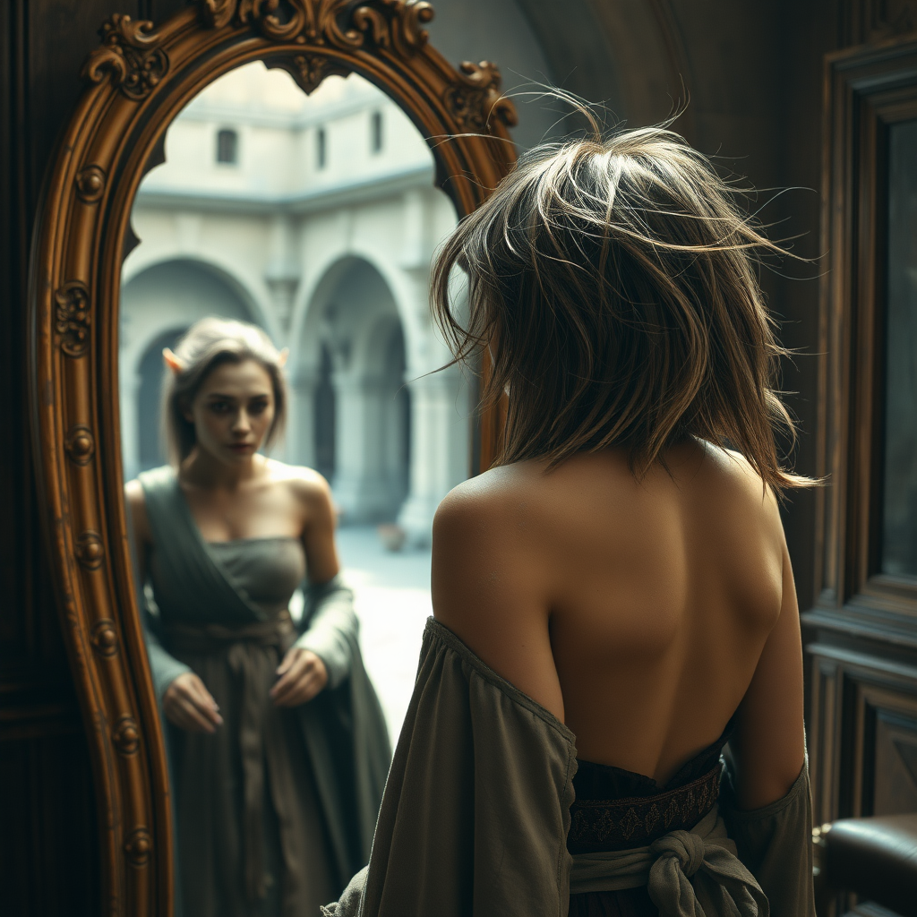 A full body shot from the side of a pretty twenty-something female orc wizard with a face resembling (ana de armas) looking at herself in a full-length mirror in an elaborate study. Messy shoulder-length hair tussled by wind. Inside a courtyard. Hyper-realistic, Photorealistic digital matte painting, soft focus, film grain, lens flare. Gritty, dirty, scuffed.