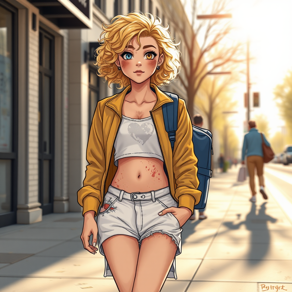 Realistic drawing style image, Extremely good quality 8k resolution drawn manga image of a 15 year old petite and short tomboy girl with golden blonde curly hair, with mixed and different colored eyes for each eye and moles on her entire body and is a white American girl. Has on a Gold Jacket over a white extremely short crop top only covering her breasts and nothing more with a design on it, and has on ripped shorts and cool looking sneakers and a deep and big knife cut wound on her stomach from a huge injury she had, with a bright color backpack, ear piercings on, walking on the street to school in the morning with the beautiful sunlight lighting up her body beautifully with no tattoos.