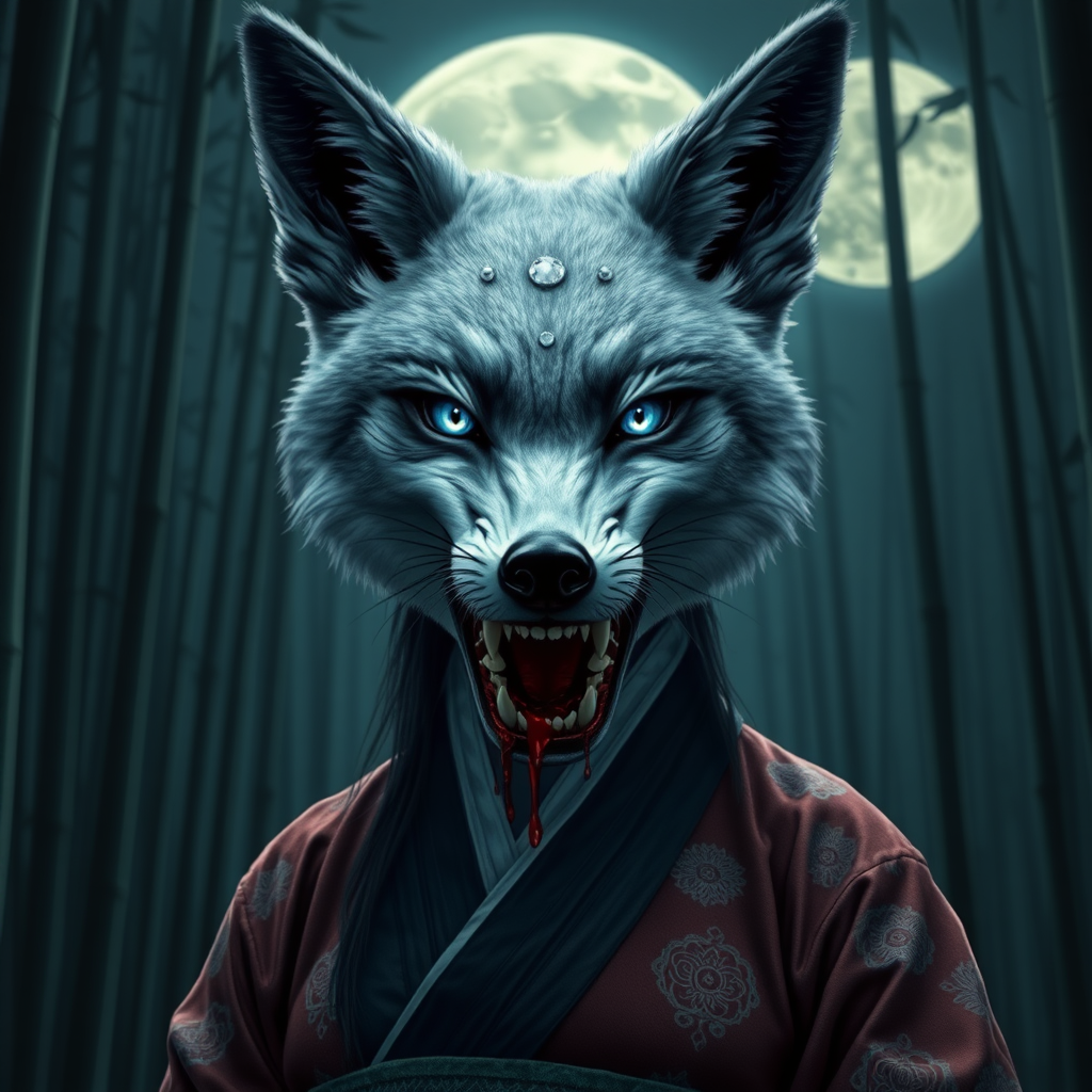 photorealistc style eerie-looking kitsune-silverfox head with blue eyes on a ancient female Korean big breasted hanbok women body with baring teeth with blood on the fox teeth, in front of the full moon in a bamboo forest