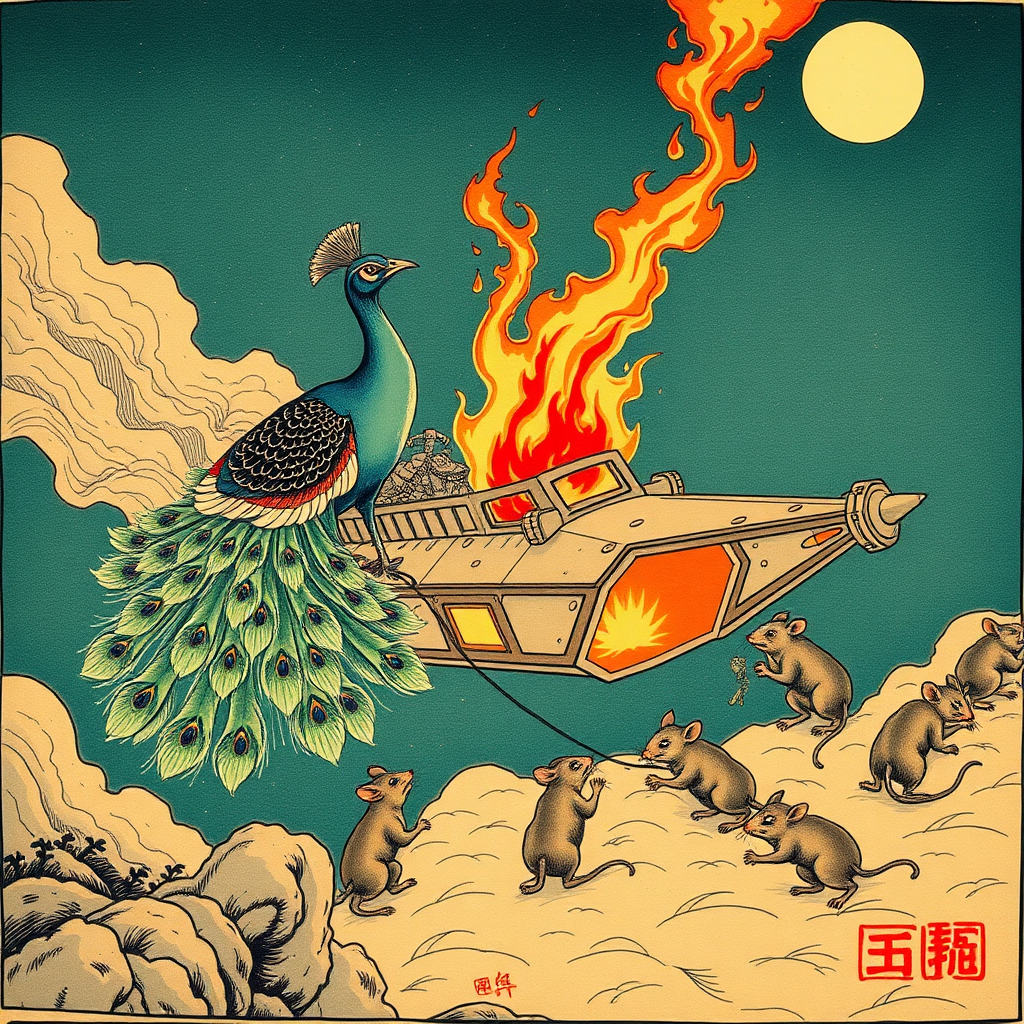 A peacock saving rats from a burning spaceship, Chinese woodcut,