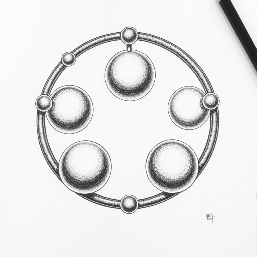 Five connected spheres of mercury in a ring, thick connectors, small spheres, symmetric, drawing, impossible, pencil, black and white