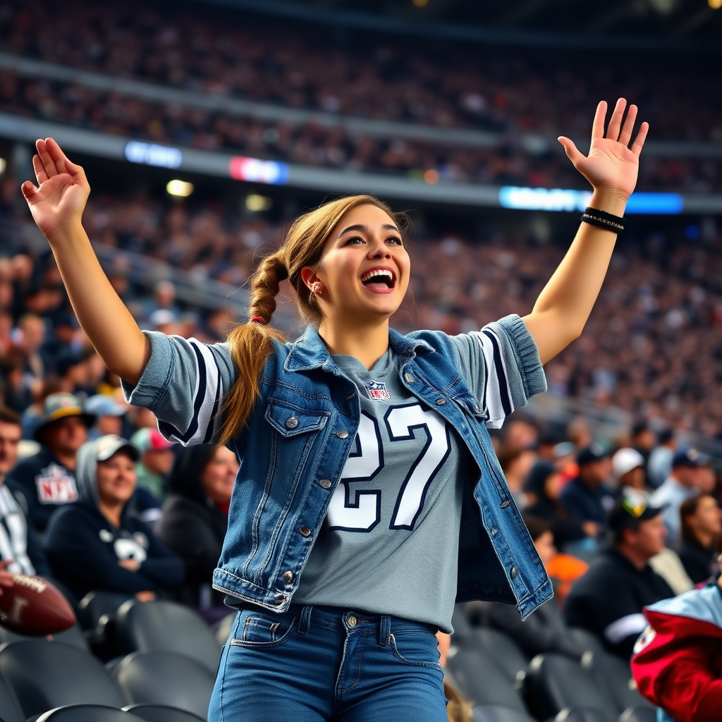 Attractive female NFL fan, pigtail hair, hollering, arms raised, jumping in crowded bleachers, NFL stadium