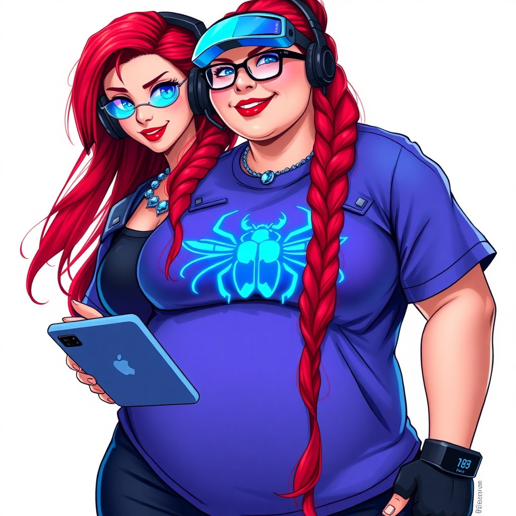 A cyberpunk vigilante’s full-figured intelligent and tech-savvy 29-year-old girlfriend, who is a computer hacker and tech genius. She has a long ruby red ponytail and bright blue eyes. She wears a sapphire beetle gemstone necklace, and an oversized Maximum Blue (RGB 71, 171, 204) t-shirt featuring a giant neon blue glowing icon of a beetle on its chest. She has a full-figured physique with a prominent, gargantuan, round midsection, reflecting her well-cared-for lifestyle. The midsection is heavily emphasized. She sports a sapphire headset with hi-tech Maximum Blue (RGB 71, 171, 204) lensed HUD visor, Maximum Blue (RGB 71, 171, 204) lipstick, black eyeglasses, and a beaming smile with a passionate bright red blush. Despite her figure and a lack of self-esteem, she radiates an air of beauty. She has an angular face which contributes to her radiant beauty. She serves as his tech expert from his hideout, holding a holographic tablet and a hi-tech tool wrench. The background is solid white. She is drawn as if she was in a retro 2D cyberpunk fighting game. Make sure her shirt covers her round midsection.