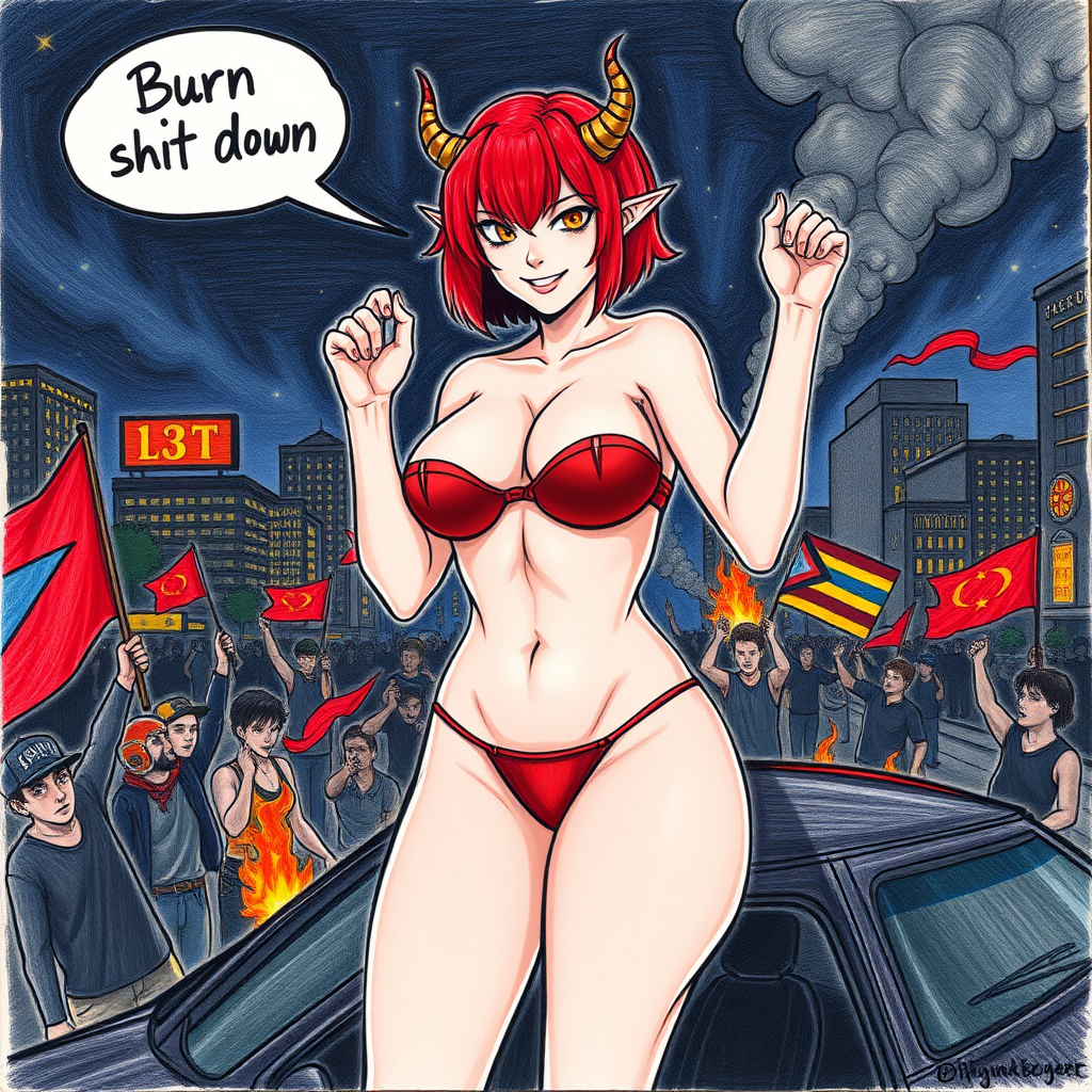 A anime drawing with crayons: A seductive hypersexual succubus woman, wicked smirk, speech bubble "Burn this shit down", short red hair, mega-colossal huge massive boobs/tits/breasts that can barely fit in a bikini her right-hand into/inside her thong to her vagina, standing on top of a car, horns, yellow eyes, sexy waist, full body, a city on night being overtaken by rioters with red-flags/LGBQT flags/and Raised Fist Flags, Molotov cocktails