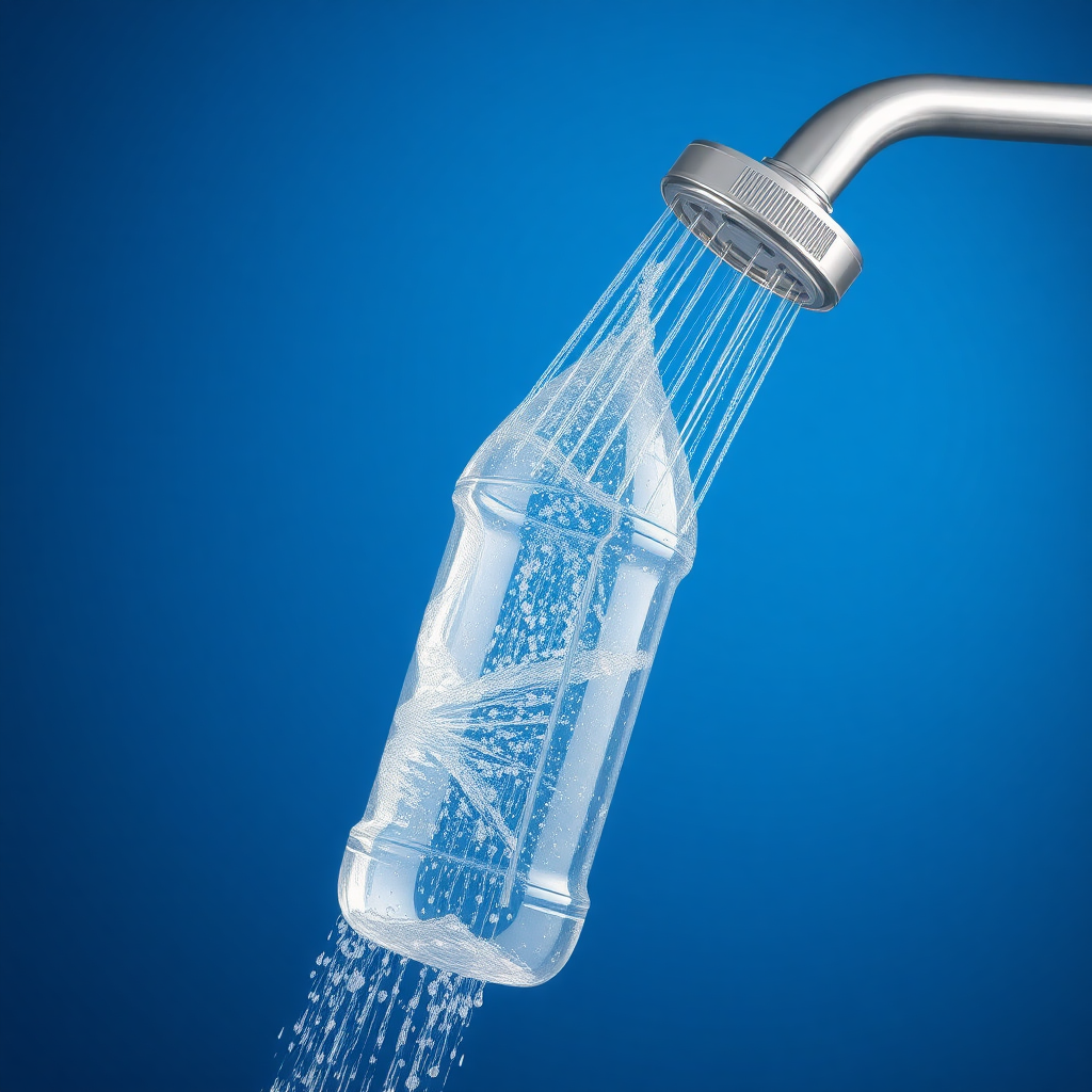 A showerhead in the shape of a water bottle