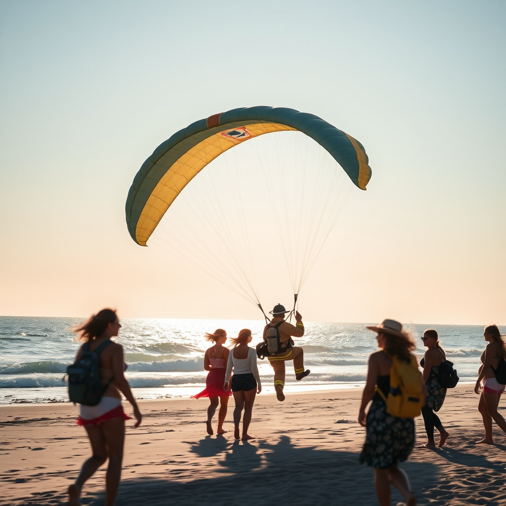 A firefighter paragliding a group of girls on a beach