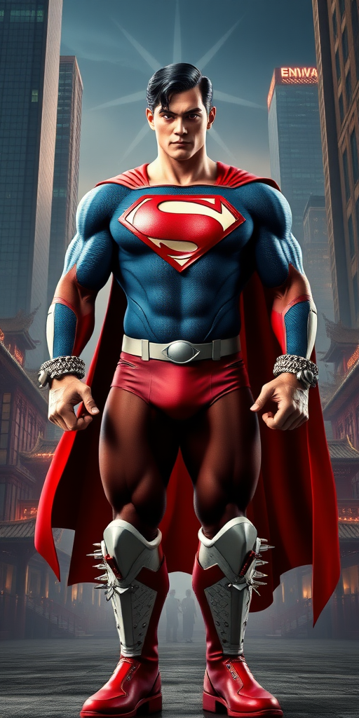 Create a photorealistic, full-body image of Superman, infusing his typical characteristics with the bodily attributes of Chun-Li from Street Fighter. The physique should be muscular as expected from Superman, however, incorporate Chun-Li's notably muscular and thick thighs, emblematic of her agility and kicking power. The character's attire should be a combination, with Superman's traditional blue and red costume but integrate Chun-Li's apparel details, such as her spiked bracelets on his wrists and white combat boots that transition into Superman's red boots.

The facial features should maintain Superman's striking square jawline and defined cheek bones. Let Superman's hairstyle be the iconic, blue-black slicked-back hair with a curl lock falling on his forehead.

For the backdrop, create an epic intersection between Metropolis city and a Street Fighter arena. Envision skyscrapers with Superman's iconic 'S' symbol beams and, concurrently, oriental designs and architecture portraying Chun-Li's world. Enhance the environment with high-intensity, dynamic lighting suggestive of an ongoing fight scene.