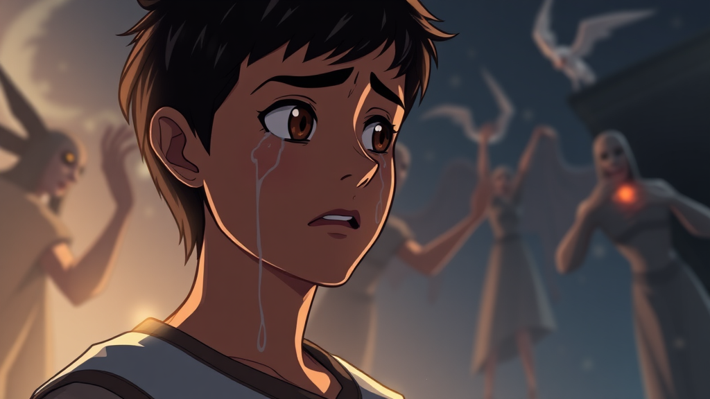 "Miguel, with tears streaming down his face, watching the spirits disappear into the light, feeling both sorrow and relief." (Character: Miguel, visibly emotional.)