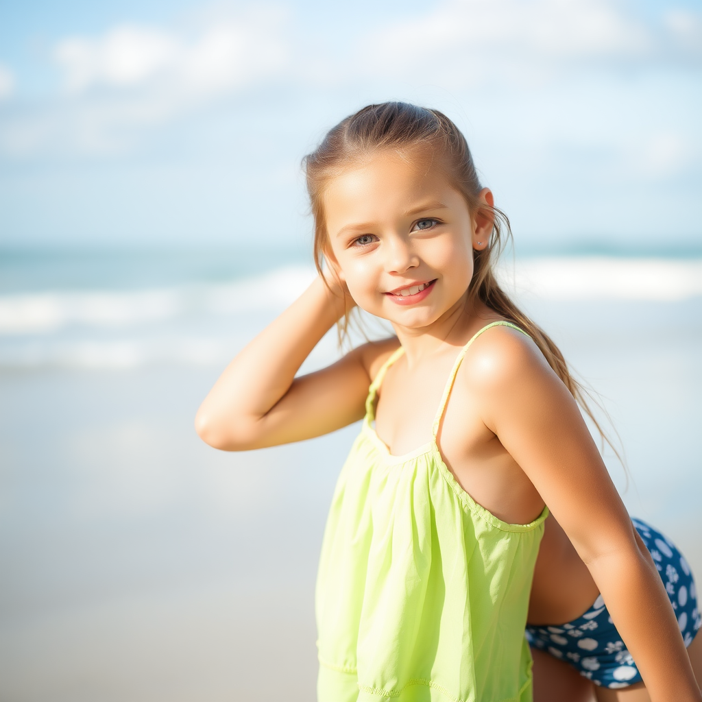 Beautiful cute little teen girl, posing sexy on beach