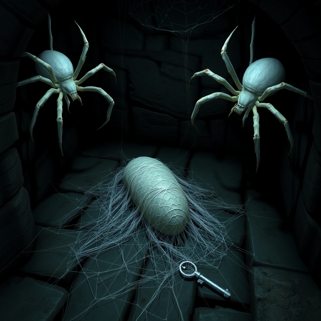 A dark basement medieval cellar with two large white spiders with red highlights crawling around and a long cocooned body webbed in the center of the floor with a small silver key sitting beside the cocoon. There are spider webs on the walls.