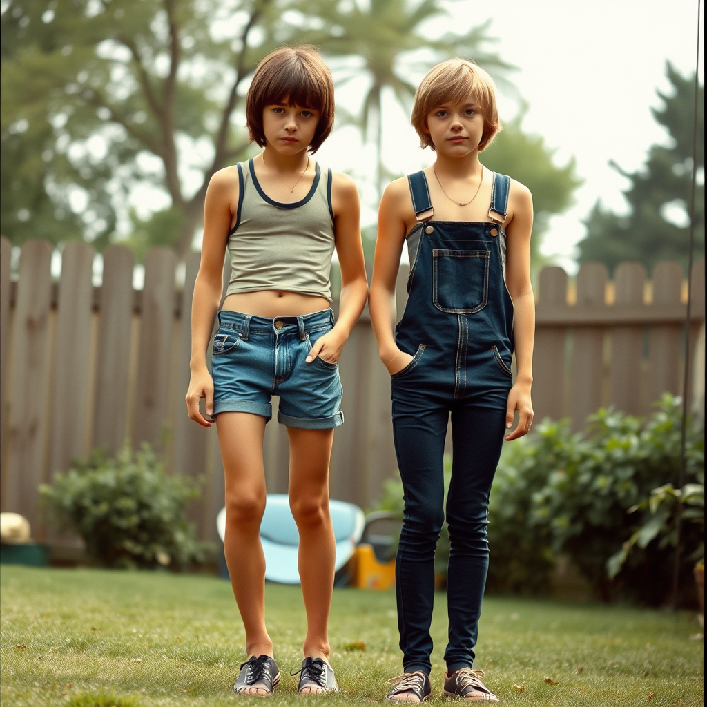 Two tall 14-year-old teen boys, long hair bob cut, wearing crop tank tops and very tight booty shorts or denim tight booty shortalls, long legs, narrow thighs, full-length front view. 1970s. Playing in the backyard. Photorealistic, ultra high resolution, 16K. Negative: grainy, blurry, bad anatomy, extra limbs, watermark.