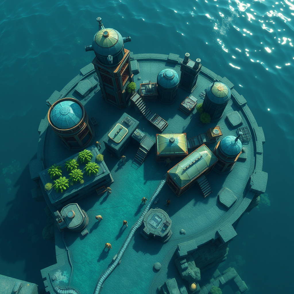 A look on a underwater base, city in a game, top view, modern 3d graphics. Inhabitants walking around, fixing the leaks, working in greenhouses.