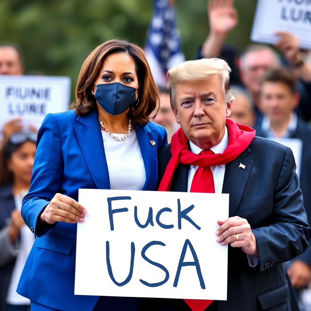 Kamala Harris and Donald Trump together holding a sign with text "Fuck USA"