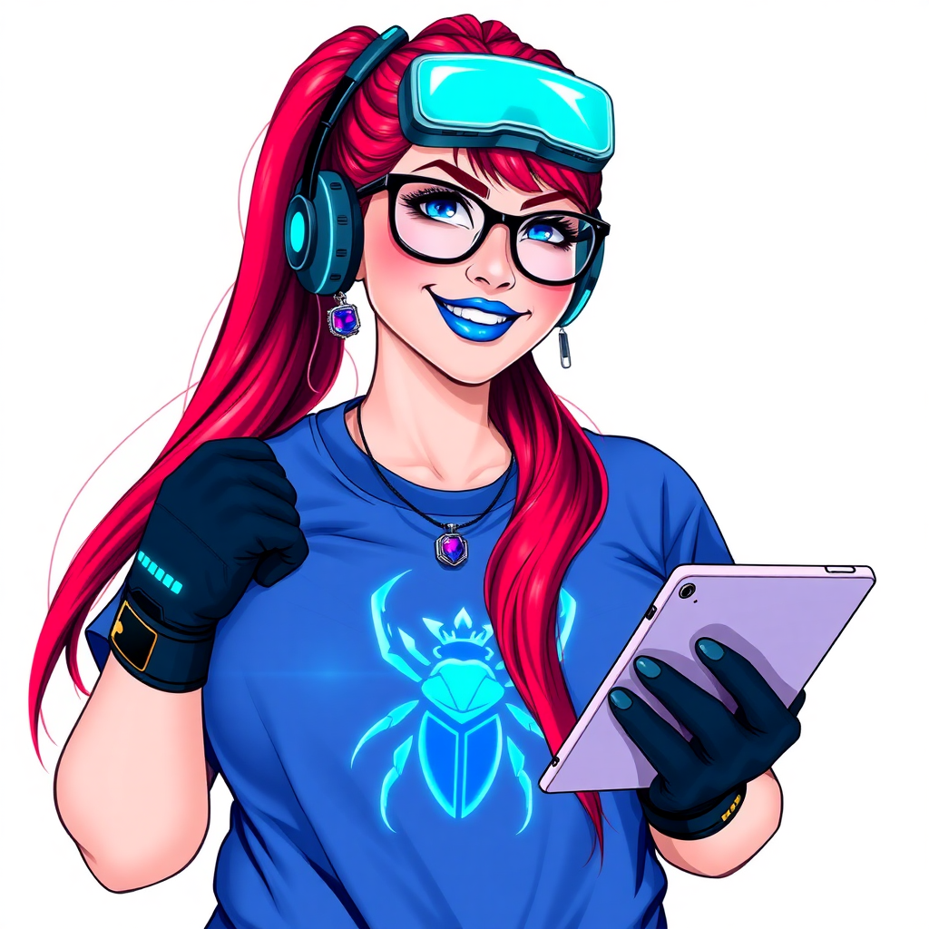 A full-sized, intelligent and tech-savvy 28-year-old computer hacker and tech genius. She has a long ruby red ponytail. She wears maximum blue lipstick, blue eyes, a sapphire beetle gemstone necklace, sapphire earrings, black eyeglasses, hi-tech power gloves, and a gigantic oversized maximum blue t-shirt featuring a neon blue glowing beetle chest icon. She has a full-figured physique with a gargantuan, round midsection, reflecting her well-cared-for lifestyle. She sports a sapphire headset with a hi-tech maximum turquoise lensed HUD, and a beaming smile accentuated by a passionate neon red blush. She serves as his tech expert from his hideout, holding a futuristic tool wrench and a futuristic digital tablet. The background is solid white. She is drawn as if she was in a retro 2D cyberpunk fighting game.